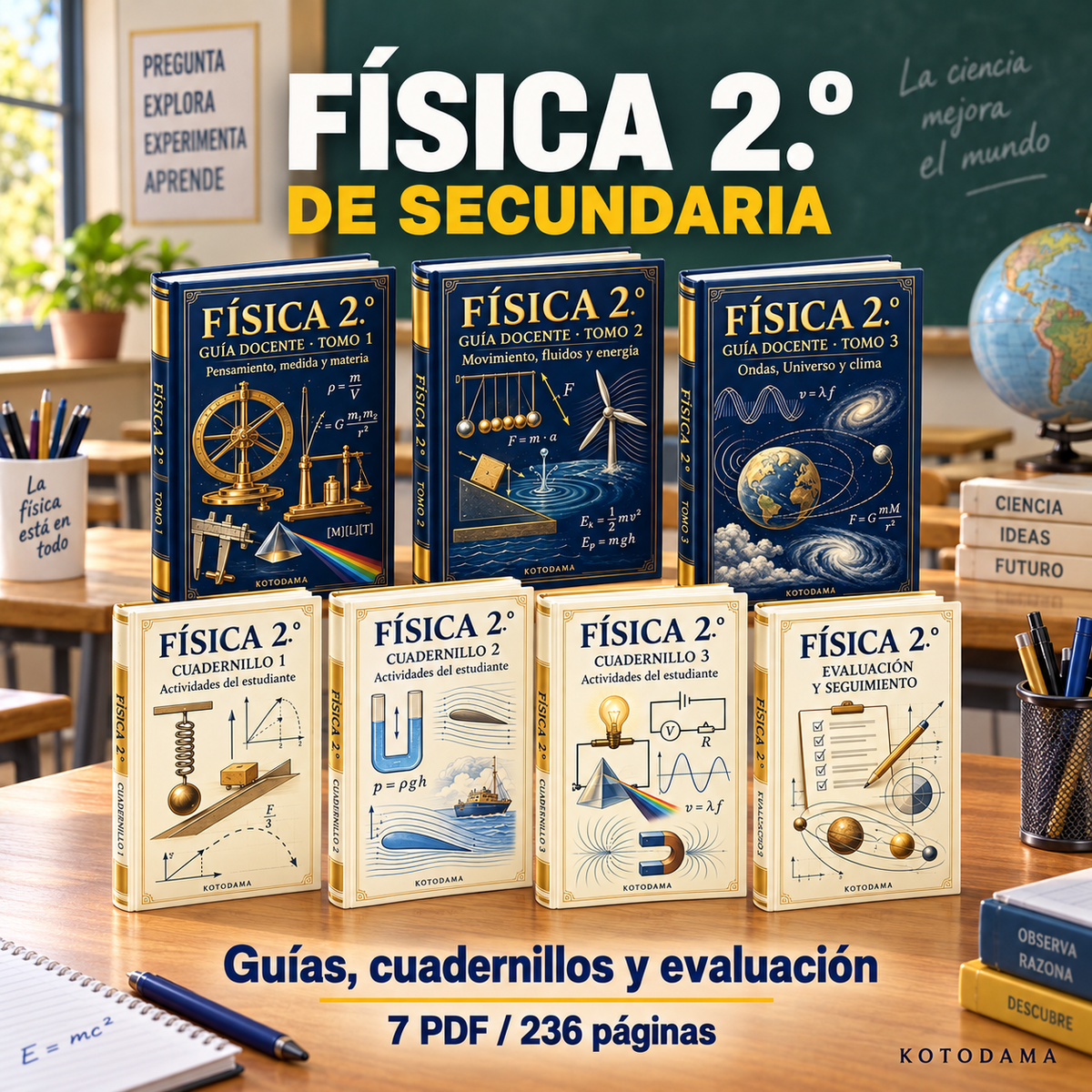 Pack de guías docentes, cuadernillos y evaluación de Física 2.º de secundaria.