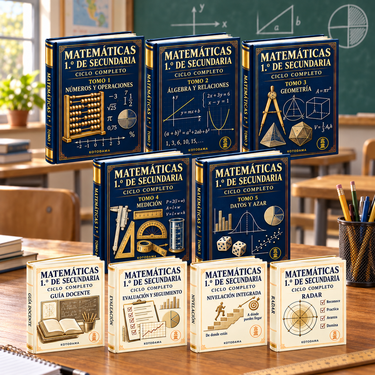 Mockup escolar del paquete digital Matem?ticas 1.? de secundaria: cinco tomos y materiales de apoyo Kotodama.